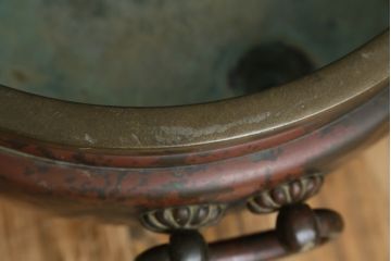 明治大正期　上手物　斑紫銅　琢斎銘　根来塗台座付きの古銅火鉢(手あぶり、鉢カバー、ディスプレイ、プランター)(R-082998)