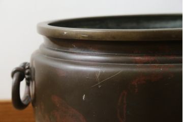 明治大正期　上手物　斑紫銅　琢斎銘　根来塗台座付きの古銅火鉢(手あぶり、鉢カバー、ディスプレイ、プランター)(R-082998)