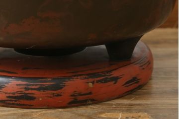 明治大正期　上手物　斑紫銅　琢斎銘　根来塗台座付きの古銅火鉢(手あぶり、鉢カバー、ディスプレイ、プランター)(R-082998)
