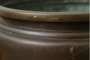 明治大正期　上手物　斑紫銅　琢斎銘　根来塗台座付きの古銅火鉢(手あぶり、鉢カバー、ディスプレイ、プランター)(R-082998)