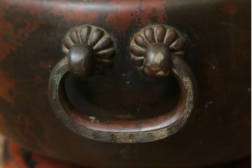 明治大正期　上手物　斑紫銅　琢斎銘　根来塗台座付きの古銅火鉢(手あぶり、鉢カバー、ディスプレイ、プランター)(R-082998)