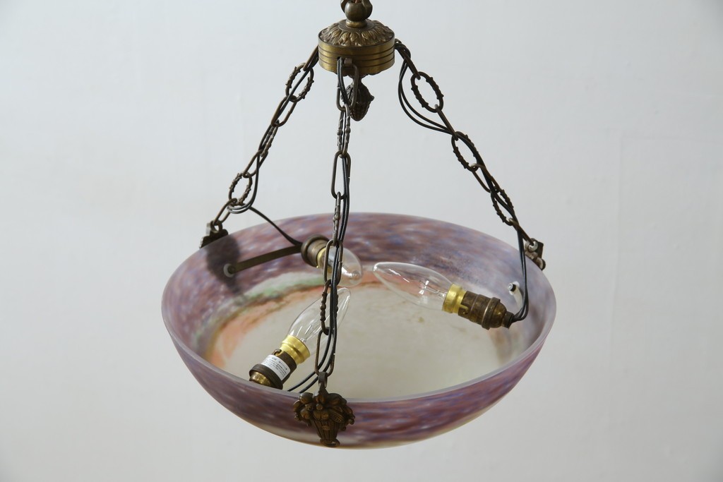 フランスアンティーク　アールヌーヴォー　アール・デコ期　ミューラー兄弟(Muller Freres Luneville)　優美な色彩でヨーロッパ的な品格と温もりを感じる吊り下げ照明　(R-083019)