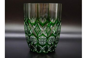 昭和レトロ　ノリタケクリスタル　切子　色被せ　緑　繊細なカットが輝きを放つ!存在感抜群の花瓶(フラワーベース、花器、花生、花入、ガラス、硝子)(R-083022)