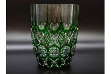 昭和レトロ　ノリタケクリスタル　切子　色被せ　緑　繊細なカットが輝きを放つ!存在感抜群の花瓶(フラワーベース、花器、花生、花入、ガラス、硝子)(R-083022)