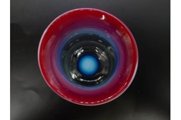 戦前　当時物　棗型(なつめ形)　乳白ぼかし　鱗文　赤縁　エナメル脚　可愛らしい雰囲気を醸し出す氷コップ2客セット(ベル型?、グラス、和ガラス、硝子)(R-083025)