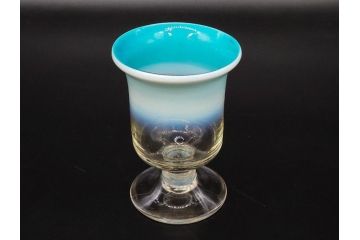 戦前　当時物　棗型(なつめ形)　輪花　青縁　赤縁　レトロな佇まいが魅力の氷コップ3客セット(吹きガラス、グラス、和ガラス、硝子)(R-083027)
