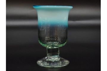 戦前　当時物　棗型(なつめ形)　輪花　青縁　赤縁　レトロな佇まいが魅力の氷コップ3客セット(吹きガラス、グラス、和ガラス、硝子)(R-083027)