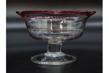 戦前　当時物　棗型(なつめ形)　輪花　青縁　赤縁　レトロな佇まいが魅力の氷コップ3客セット(吹きガラス、グラス、和ガラス、硝子)(R-083027)