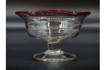 戦前　当時物　棗型(なつめ形)　輪花　青縁　赤縁　レトロな佇まいが魅力の氷コップ3客セット(吹きガラス、グラス、和ガラス、硝子)(R-083027)