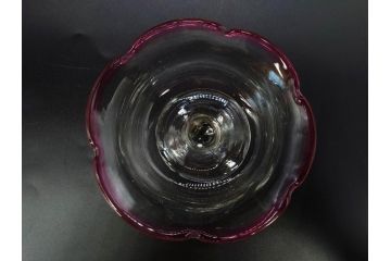 戦前　当時物　棗型(なつめ形)　輪花　青縁　赤縁　レトロな佇まいが魅力の氷コップ3客セット(吹きガラス、グラス、和ガラス、硝子)(R-083027)