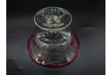 戦前　当時物　棗型(なつめ形)　輪花　青縁　赤縁　レトロな佇まいが魅力の氷コップ3客セット(吹きガラス、グラス、和ガラス、硝子)(R-083027)