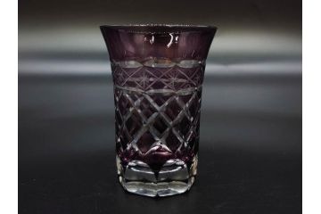 戦前　当時物　切子　色被せ　紫　繊細なカットが美しく上品な雰囲気のグラス4客セット(コップ、タンブラー、和ガラス、硝子)(R-083029)
