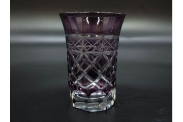 戦前　当時物　切子　色被せ　紫　繊細なカットが美しく上品な雰囲気のグラス4客セット(コップ、タンブラー、和ガラス、硝子)(R-083029)