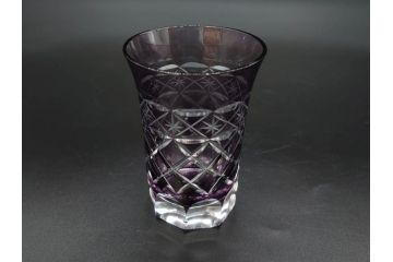 戦前　当時物　切子　色被せ　紫　繊細なカットが美しく上品な雰囲気のグラス4客セット(コップ、タンブラー、和ガラス、硝子)(R-083029)