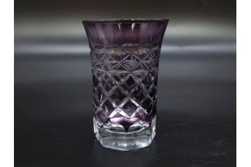 戦前　当時物　切子　色被せ　紫　繊細なカットが美しく上品な雰囲気のグラス4客セット(コップ、タンブラー、和ガラス、硝子)(R-083029)