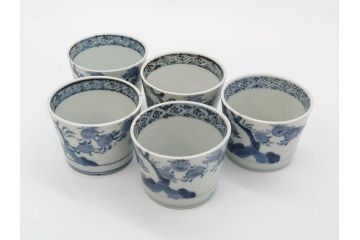 江戸期　古伊万里　染付　蜜柑に鳥文　落ち着いた和の雰囲気にぴったりのそば猪口5客セット(みかん、果実、蕎麦猪口、湯呑み、湯のみ、和食器)(R-083041)