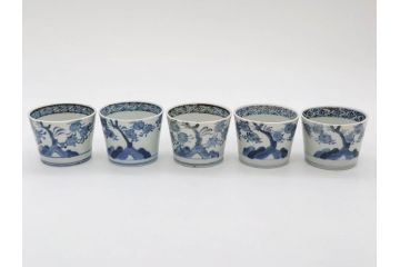 江戸期　古伊万里　染付　蜜柑に鳥文　落ち着いた和の雰囲気にぴったりのそば猪口5客セット(みかん、果実、蕎麦猪口、湯呑み、湯のみ、和食器)(R-083041)