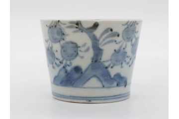江戸期　古伊万里　染付　蜜柑に鳥文　落ち着いた和の雰囲気にぴったりのそば猪口5客セット(みかん、果実、蕎麦猪口、湯呑み、湯のみ、和食器)(R-083041)