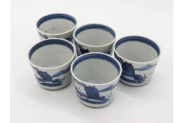 江戸期　古伊万里　染付　丁寧に描かれた山水図が目を引くそば猪口5客セット(蕎麦猪口、湯呑み、湯のみ、和食器)(R-083044)