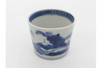 江戸期　古伊万里　染付　丁寧に描かれた山水図が目を引くそば猪口5客セット(蕎麦猪口、湯呑み、湯のみ、和食器)(R-083044)