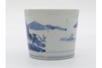 江戸期　古伊万里　染付　丁寧に描かれた山水図が目を引くそば猪口5客セット(蕎麦猪口、湯呑み、湯のみ、和食器)(R-083044)