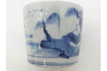 江戸期　古伊万里　染付　丁寧に描かれた山水図が目を引くそば猪口5客セット(蕎麦猪口、湯呑み、湯のみ、和食器)(R-083044)