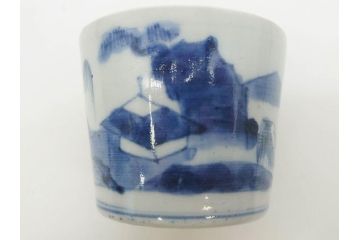 江戸期　古伊万里　染付　丁寧に描かれた山水図が目を引くそば猪口5客セット(蕎麦猪口、湯呑み、湯のみ、和食器)(R-083044)