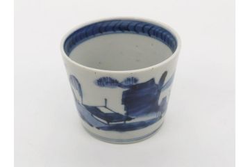 江戸期　古伊万里　染付　丁寧に描かれた山水図が目を引くそば猪口5客セット(蕎麦猪口、湯呑み、湯のみ、和食器)(R-083044)