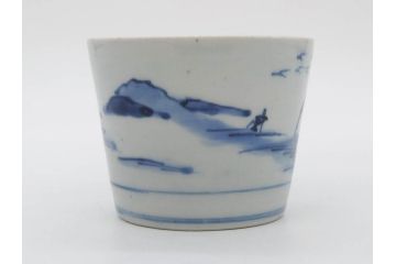 江戸期　古伊万里　染付　丁寧に描かれた山水図が目を引くそば猪口5客セット(蕎麦猪口、湯呑み、湯のみ、和食器)(R-083044)