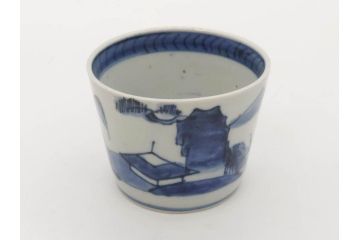 江戸期　古伊万里　染付　丁寧に描かれた山水図が目を引くそば猪口5客セット(蕎麦猪口、湯呑み、湯のみ、和食器)(R-083044)