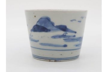 江戸期　古伊万里　染付　丁寧に描かれた山水図が目を引くそば猪口5客セット(蕎麦猪口、湯呑み、湯のみ、和食器)(R-083044)