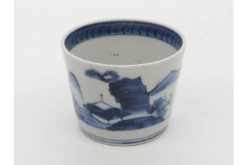 江戸期　古伊万里　染付　丁寧に描かれた山水図が目を引くそば猪口5客セット(蕎麦猪口、湯呑み、湯のみ、和食器)(R-083044)