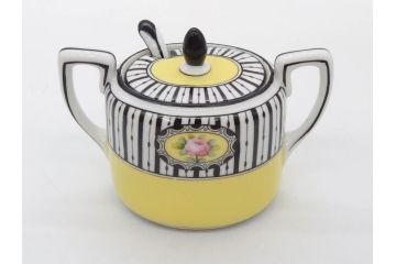 戦前　オールドノリタケ　NORITAKE　ラスター彩　ハンドル付　レモン　アールデコ　それぞれ華やかなデザインが素敵なプレート2枚&シュガーポットセット(サンドウィッチ、サンドイッチ、キャンディーディッシュ、アクセサリートレー、トレイ、小皿、中皿、洋食器)(R-083046)