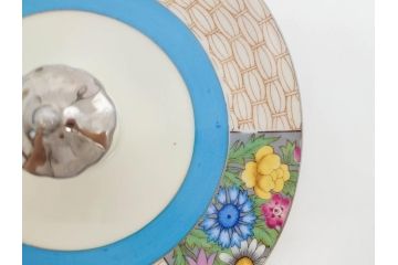 戦前　オールドノリタケ　NORITAKE　ラスター彩　ハンドル付　レモン　アールデコ　それぞれ華やかなデザインが素敵なプレート2枚&シュガーポットセット(サンドウィッチ、サンドイッチ、キャンディーディッシュ、アクセサリートレー、トレイ、小皿、中皿、洋食器)(R-083046)