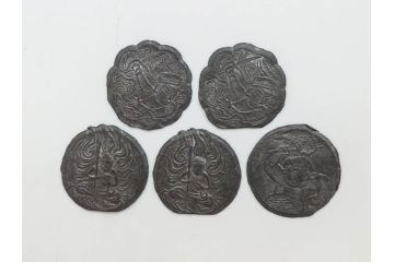 金太郎　軍人　不動明王?　時代を重ねた味わい深い鉛面子5点セット(鉛めんこ、メンコ、仏、玩具、おもちゃ)(R-083050)