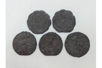金太郎　軍人　不動明王?　時代を重ねた味わい深い鉛面子5点セット(鉛めんこ、メンコ、仏、玩具、おもちゃ)(R-083050)