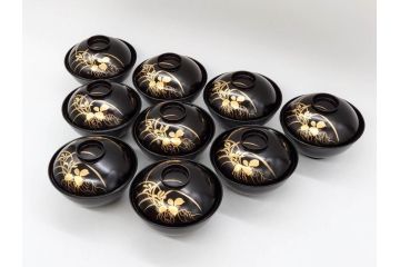 明治〜大正期　輪島塗　木製　気品ある金蒔絵が美しいお椀9客セット(漆器、漆芸、蓋付き、汁椀、吸物椀、和食器)(R-083052)
