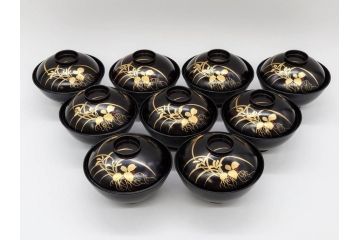 明治〜大正期　輪島塗　木製　気品ある金蒔絵が美しいお椀9客セット(漆器、漆芸、蓋付き、汁椀、吸物椀、和食器)(R-083052)