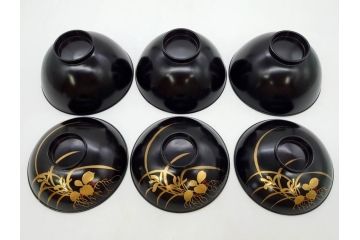 明治〜大正期　輪島塗　木製　気品ある金蒔絵が美しいお椀9客セット(漆器、漆芸、蓋付き、汁椀、吸物椀、和食器)(R-083052)