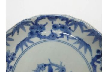 江戸期　古伊万里　染付　渦福　約17cm　5.6寸　繊細に描かれた松竹梅図が素敵な中皿3枚セット(和皿、和食器、五寸六分)(R-083062)