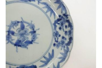 江戸期　古伊万里　染付　渦福　約17cm　5.6寸　繊細に描かれた松竹梅図が素敵な中皿3枚セット(和皿、和食器、五寸六分)(R-083062)