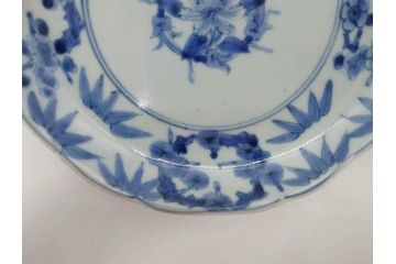 江戸期　古伊万里　染付　渦福　約17cm　5.6寸　繊細に描かれた松竹梅図が素敵な中皿3枚セット(和皿、和食器、五寸六分)(R-083062)
