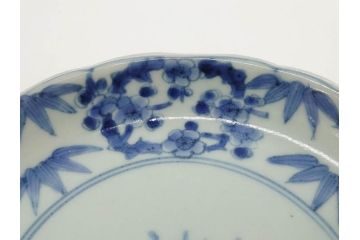 江戸期　古伊万里　染付　渦福　約17cm　5.6寸　繊細に描かれた松竹梅図が素敵な中皿3枚セット(和皿、和食器、五寸六分)(R-083062)