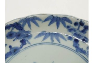 江戸期　古伊万里　染付　渦福　約17cm　5.6寸　繊細に描かれた松竹梅図が素敵な中皿3枚セット(和皿、和食器、五寸六分)(R-083062)