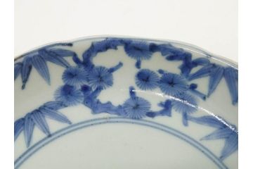 江戸期　古伊万里　染付　渦福　約17cm　5.6寸　繊細に描かれた松竹梅図が素敵な中皿3枚セット(和皿、和食器、五寸六分)(R-083062)
