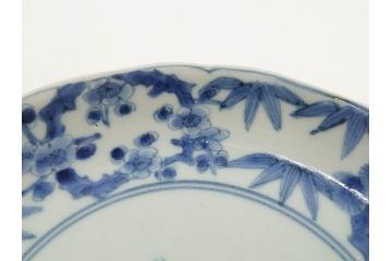 江戸期　古伊万里　染付　渦福　約17cm　5.6寸　繊細に描かれた松竹梅図が素敵な中皿3枚セット(和皿、和食器、五寸六分)(R-083062)