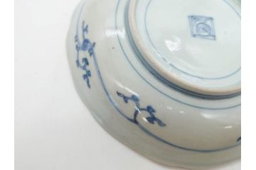 江戸期　古伊万里　染付　渦福　約17cm　5.6寸　繊細に描かれた松竹梅図が素敵な中皿3枚セット(和皿、和食器、五寸六分)(R-083062)