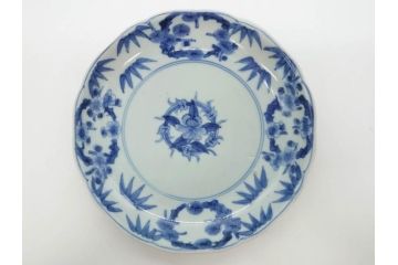 江戸期　古伊万里　染付　渦福　約17cm　5.6寸　繊細に描かれた松竹梅図が素敵な中皿3枚セット(和皿、和食器、五寸六分)(R-083062)