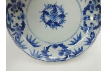 江戸期　古伊万里　染付　渦福　約17cm　5.6寸　繊細に描かれた松竹梅図が素敵な中皿3枚セット(和皿、和食器、五寸六分)(R-083062)