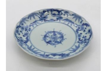 江戸期　古伊万里　染付　渦福　約17cm　5.6寸　繊細に描かれた松竹梅図が素敵な中皿3枚セット(和皿、和食器、五寸六分)(R-083062)